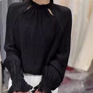 Pleated Mock Neck Blouse Black Hollow Out Blouse Long Sleeve Pleated Cropped Top